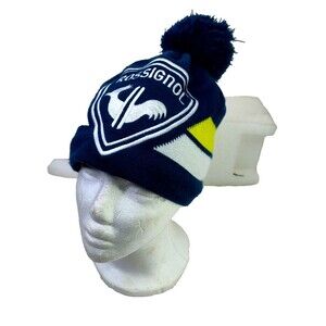 Rossignol ~ Logo Ski Hat Cap Beanie ~ Blue White Green~ Lined 22 "Inside PopPom